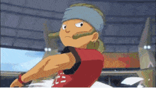 a cartoon character wearing a headband and a red shirt that says ' ice ' on it