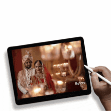 a tablet with a picture of a bride and groom and the word before