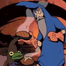 a cartoon of a wizard holding a loaf of bread next to a green frog