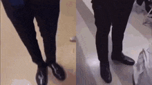 a couple of men standing next to each other on a floor wearing black shoes .