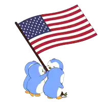 three penguins are raising an american flag