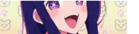 a close up of a girl 's face with her mouth open and purple eyes .