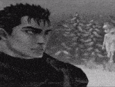 a black and white painting of a man in a black jacket standing in the snow .