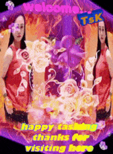 a picture of a woman with flowers and the words welcome tsk happy tasting thanks for visiting here