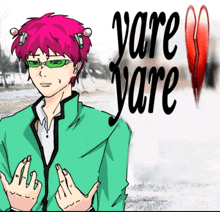 a drawing of a man with pink hair and green jacket with the words yare yare