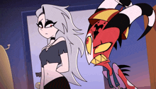 a cartoon character is standing next to a female character