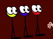 three stick figures with different faces are standing next to each other on a brown background .
