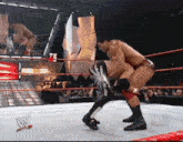 two men are wrestling in a ring with a w logo on the bottom