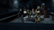 a group of teenage mutant ninja turtles are gathered together in a dark room