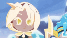 a cartoon character with white hair and yellow eyes is holding a lightning bolt .