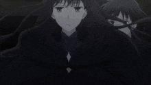 a girl with long black hair is standing next to a boy