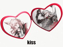 a couple of heart shaped mirrors with the words kiss on the bottom