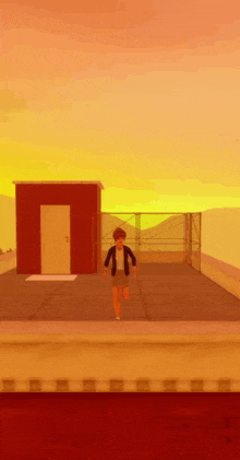 a cartoon character is walking on a rooftop at sunset
