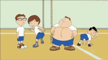 a group of cartoon characters are standing around a fat man .