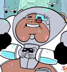 a cartoon character is holding a video game controller in his hands