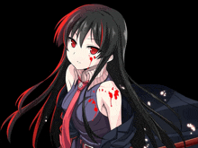 a black haired anime girl with red eyes and blood on her shoulder