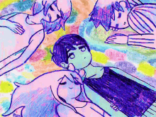 a drawing of a boy laying on a blanket with two other people