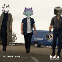 a poster for future man shows three people walking on a road