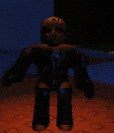 a cartoon character with a jason voorhees mask on stands in a dark room