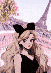 a girl with long blonde hair and a black bow on her head stands in front of the eiffel tower