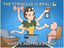 a cartoon of a woman cooking and talking on a cell phone while a baby drinks from a bottle