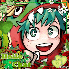 a picture of a cartoon character with the words hello chat written on it