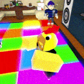 a cartoon character is standing on a colorful floor
