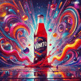 a bottle of vimto is surrounded by colorful swirls and balls