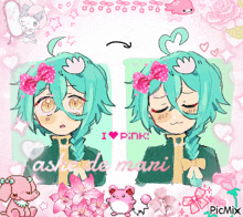 a drawing of a girl with pink flowers on her hair and the words i love pink