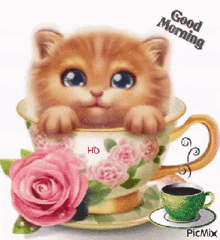 good morning cat kitten smile coffee