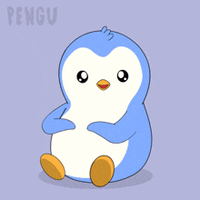 a blue and white penguin is sitting on a purple background with the word pengu written below it