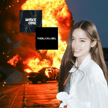 a woman stands in front of an explosion and a poster that says wake one on it