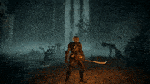a man in armor is holding a sword in front of a statue