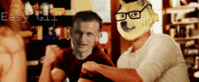 a man wearing a doge mask with glasses and the words wow on it