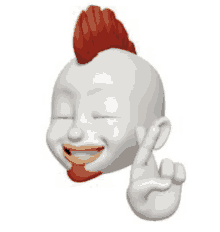 a white face with a red mohawk and a yellow tongue is giving a peace sign
