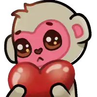 a cartoon monkey holding a red heart with a sad look on his face