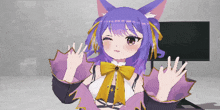 a pixel art of a girl with purple hair waving
