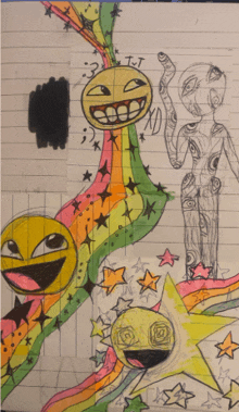 a drawing of smiley faces and stars with the word t.t. on the bottom