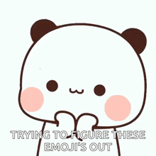 a cartoon panda bear is trying to figure out which emoji is out .