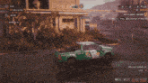 a screenshot of a video game shows a green truck in the foreground and a building in the background