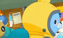 a cartoon character wearing a yellow helmet is standing next to another cartoon character in a room .