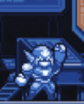 a pixel art of a robot standing on a staircase in a dark room .