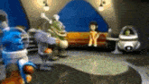 a bunch of cartoon characters are standing in a room .