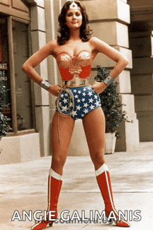 a woman in a wonder woman costume with the name angie calimanis on the bottom