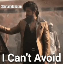 a man in a suit is standing in front of a sign that says i can 't avoid .