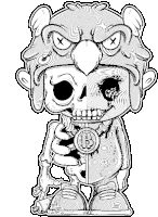 a black and white drawing of a skeleton wearing an owl hat holding a sword