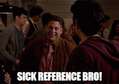 a man in a brown jacket talking to another man with the words sick reference bro written on the bottom