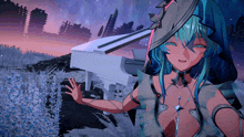 a blue haired anime girl is standing in front of a white piano