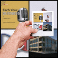 a hand is holding a polaroid that says " tech your business "