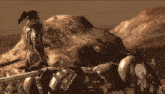 a video game character is standing on top of a mountain holding a sword